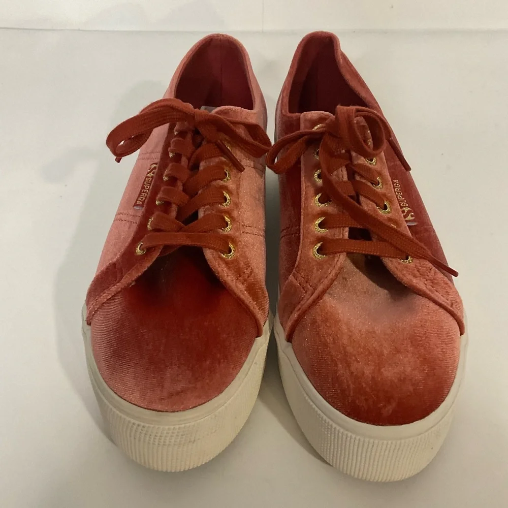 Superga Red Velvet Platform Sneakers Matching Laces & GoldToned Eyelets; 8M/9.5W